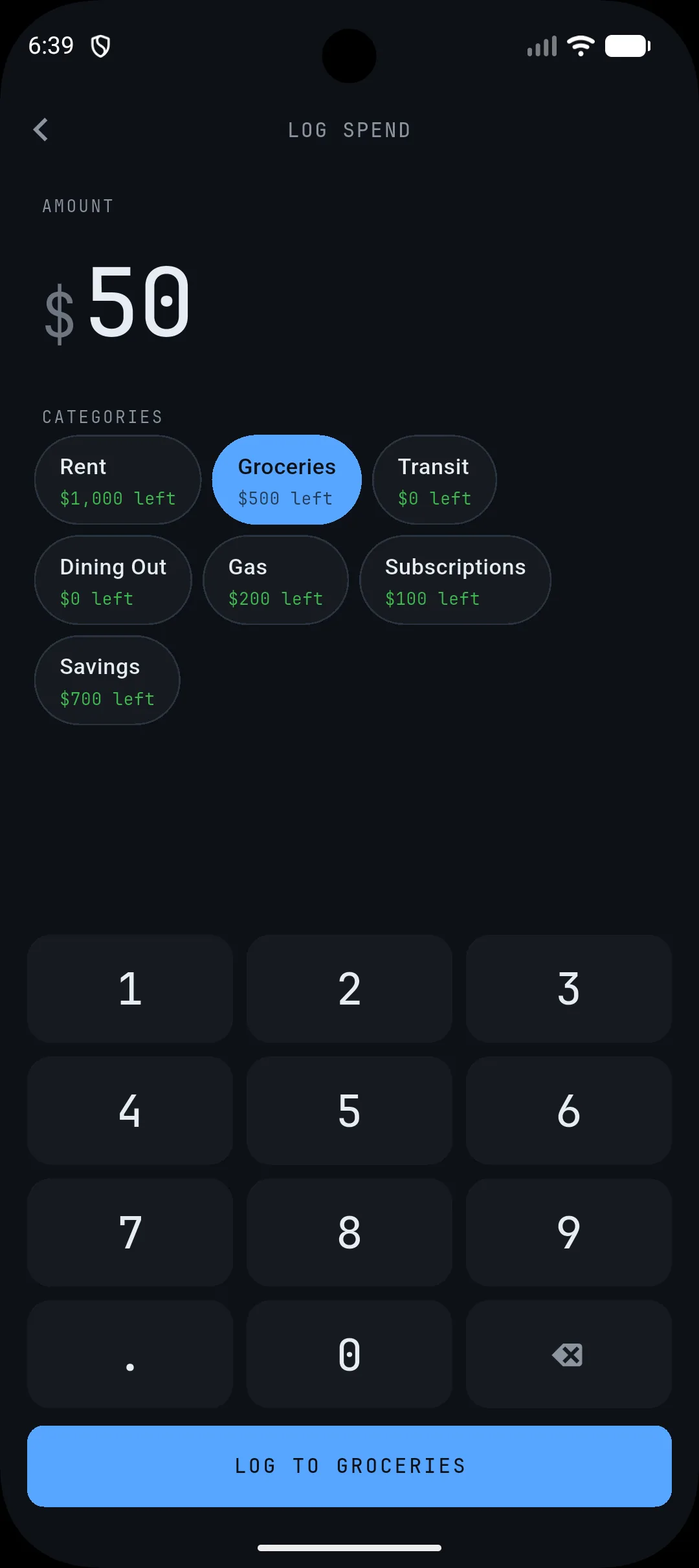 A screenshot showing the 'Log Spend' screen where a user can input an amount and select a category. The current input is $50 and 'Groceries' is selected.
