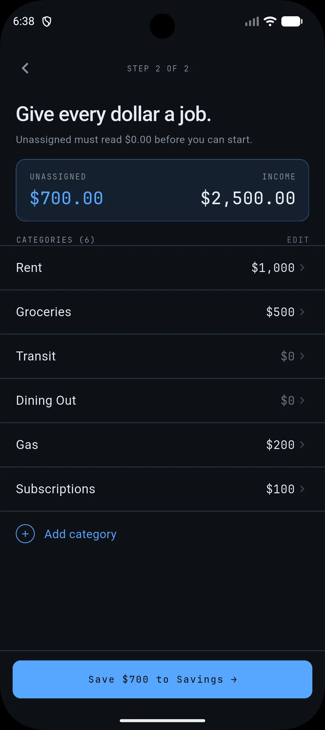Expense categorization screen showing income and assigned budget categories.